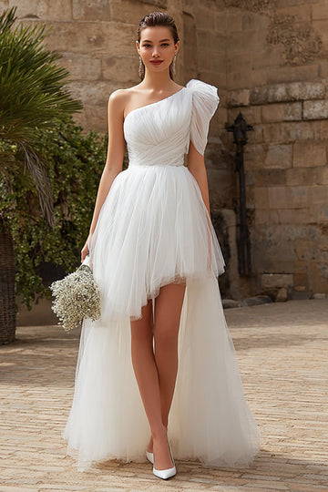 Tulle ivoire une ligne une épaule haute basse robe de mariée